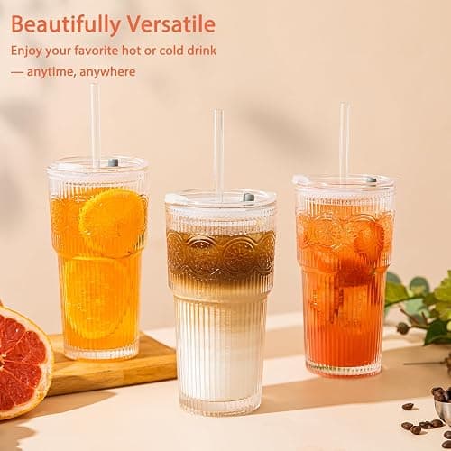 SoulTimes 20oz Ribbed & Floral Glass Tumbler Set of 2 – Reusable Glass Cups with Lid and Glass Straw, Iced Coffee Cups for Water, Smoothie, Milk, Cocktail & More – Perfect for Daily Use & Travel thumbnail 2