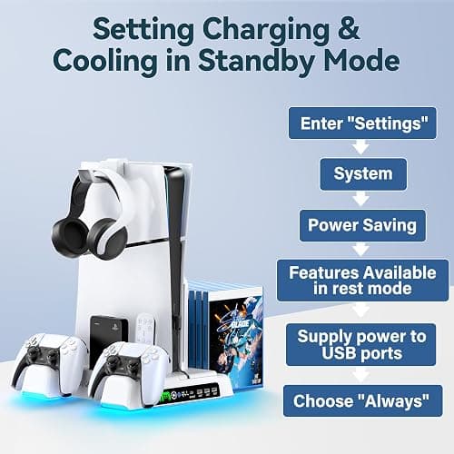 PS5/Slim/Pro Stand and Cooling Station with LED Controller Charging Station for PlayStation 5 Console, Controller Charger, Cooling Stand, PS5/Slim/Pro Skin Accessories Kit with 3 Level Cooler Fan thumbnail 6