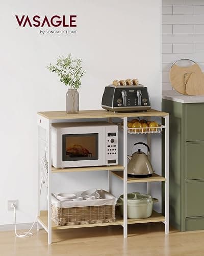 VASAGLE Baker's Rack, Coffee Bar Stand with Charging Station, Storage Shelves, Pull-Out Wire Basket, Table for Microwave, Kitchen, Oak Beige UKKS036Y09, 15.7 x 35.4 x 35.6 Inches thumbnail 2