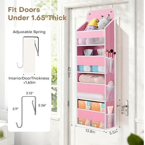 Over the Door Organizer, 4 Large Pocket Hanging Storage with 40lb Capacity | Space Saving Behind Door Storage for Nursery, Bathroom, Bedroom and Closet, Baby Stuff and Toiletry Organizer, Pink thumbnail 2