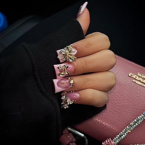 Pink French Tips Press on Nails Medium Duck Fake Nails with Gold Butterfly Bow Rhinestone Charm Design Duckbill False Nails Glossy Skin Tones Stick on Nails Summer Nails for Women Girls Manicure 24Pcs - Image 1