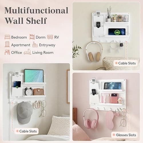 Lifewit Plastic Adhesive Bedside Shelf, Floating Pegboard Shelves, Key Remote Control Holder, Wall Organizer for Glasses, Phone, Earbuds, Bedroom Decor, Dorm Room Essentials, White thumbnail 9
