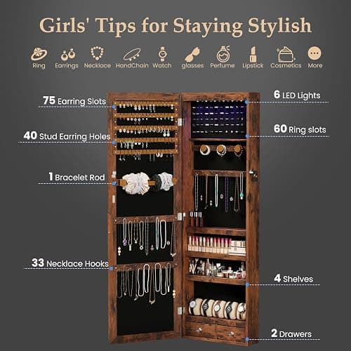 DUMOS 6 LEDs Mirror Jewelry Organizer Cabinet, Jewelry Armoire, 47.2 Inch | Hanging Door or Wall Mounted Mirror, Lockable, Large Capacity Cosmetic Storage, 2 Drawers, Gift Idea, Rustic Brown thumbnail 4