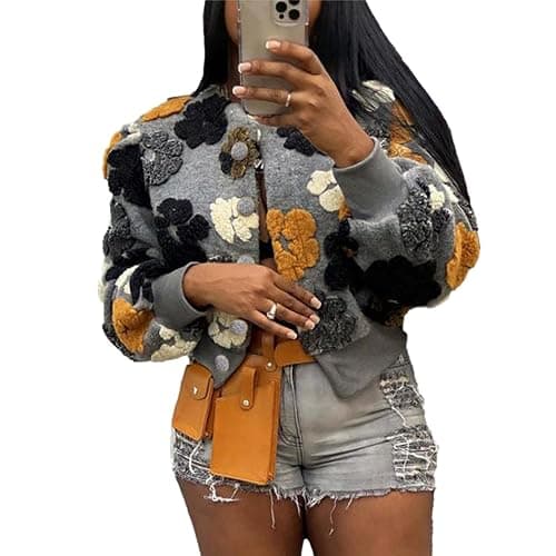 OPCAKM Women's Cropped Floral Print Shacket Jackets Round Neck Long Sleeve Bomber Coat Outerwears - Image 1