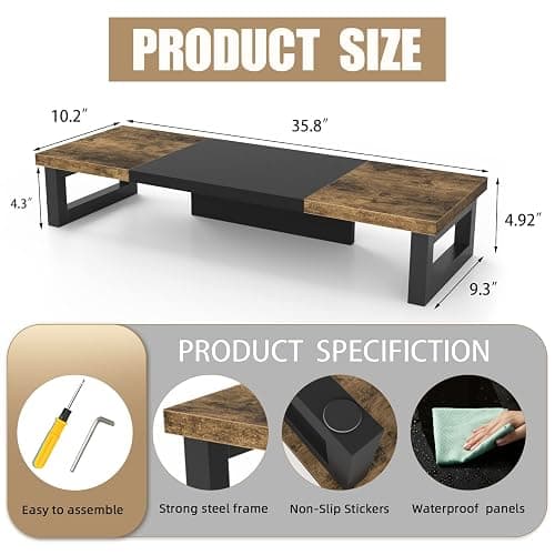 WESTREE Dual Monitor Stand Riser, Wood and Steel Multi-Purpose Desktop Storage Stand for 2 Monitors for Computer, Laptop, Printer, TV, Rustic Brown thumbnail 3