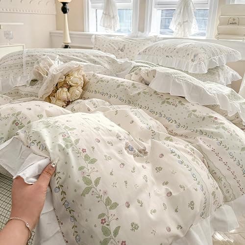 VM VOUGEMARKET Girls Flower Comforter Set Green Leaves with Cute Rabbit Comforter with 2 Pillow Shams Romantic Ruffle Down Comforter Set(3pcs,Queen) thumbnail 5