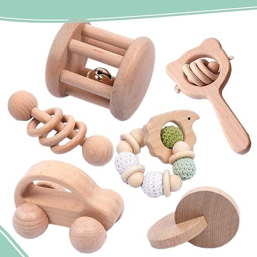 6 Pieces Toy Set- Wooden Baby Toys for Babies 0-6 Months,Wooden Toys for Babies Rattles with Bells,Wooden Rattles Push Car,Wood Rattle Toys Gifts for Boys Girls,Montessori Toys for Babies 0-6 Months - Image 1