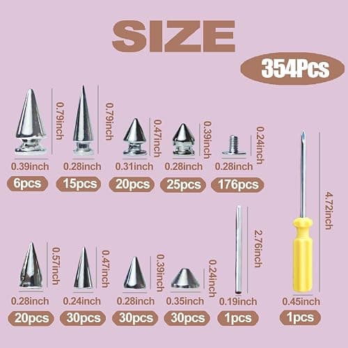 XKCWXY 354 Sets Punk Spikes and Studs Kit，8 Sizes Cone Spikes,Metal Tree Spikes Studs for Leathercraft and Punk Style Clothing Accessories DIY Craft Decoration thumbnail 3
