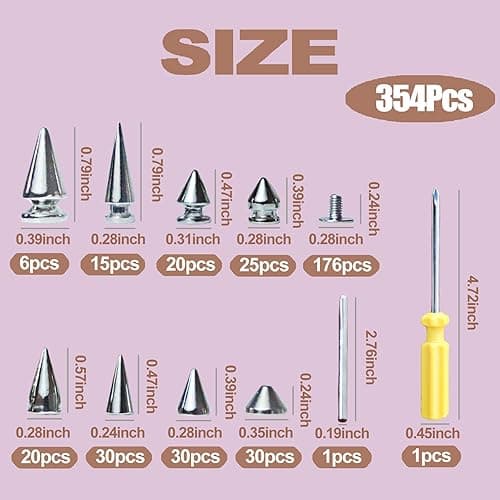 XKCWXY 354 Sets Punk Spikes and Studs Kit，8 Sizes Cone Spikes,Metal Tree Spikes Studs for Leathercraft and Punk Style Clothing Accessories DIY Craft Decoration thumbnail 4