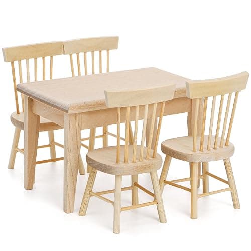 Nicunom Dollhouse Dining Room Furniture Set, 1/12 Scale Miniature Table and 4 Chairs, Wooden Doll House Accessories - Image 1