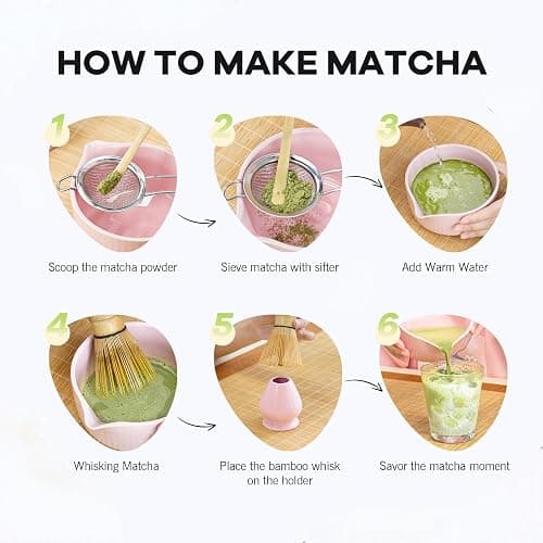 Pink Traditional Matcha Whisk Set, 5 Pcs Japanese Matcha Kit with Chawan Ceramic Bowl with Spout, Chasen Bamboo Whisk and Holder, Scoop, Sifter - Matcha Set Kit Gift for Ceremony Matcha Lattes Lover thumbnail 7