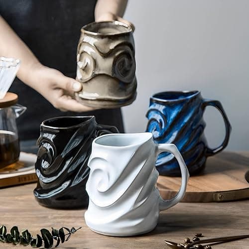 17oz Embossed Face Shape Large-Capacity Ceramic Coffee Mug - Unique Handmade Tea Cup for Office and Home - Microwave and Dishwasher Safe (Blue) thumbnail 6