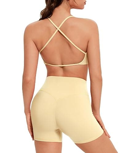 OMKAGI Workout Sets for Women Open Back Strappy Sports Bra Booty Biker Shorts Gym Outfits - Image 1