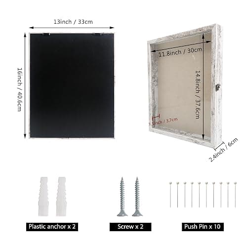 Shadow Box 13x16 Wood Shadow Box Frame Glass Door Display Case with Linen Back and 6 Stick Pins,1.5 inches Interior Depth,Ideal for Memorabilia Pictures Flowers Medals Tickets Rustic White thumbnail 3
