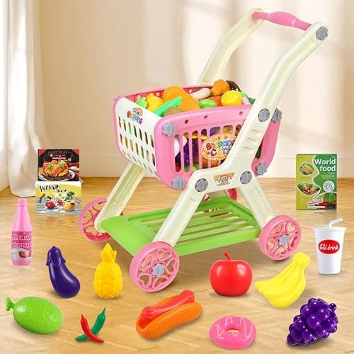 Ming You 2-in-1 Kids Shopping Cart Toy with Pretend Play Foods for Kids | 72pcs Toddler Grocery Cart Set with Fake Money and Shopping Bag for Imaginative Play, Birthday Gift for Girl Ages 3-5 (Pink) thumbnail 2