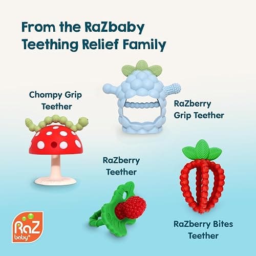 RaZbaby Soft Silicone Infant & Baby 3M+ Teether Toy Massaging Bristles Teething Relief Pacifier - Soothes Sore Gums - Hands-Free & Easy-to-Hold Chompy Teether, BPA Free (RED/Green) thumbnail 8