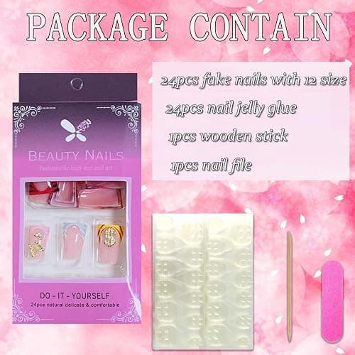 FIEONCIY Press on Nails Duck Shaped Glossy Full Cover Acrylic French False Nails with Designs Artificial Medium Duck Fake Nails with Charms Glue ons Fingernails for Women Girls(YZ22) thumbnail 4