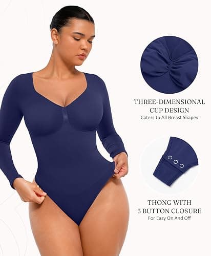 FeelinGirl Women's Long Sleeve Shapewear Bodysuit for Tummy Control Seamless Body Suits Thong V Neck Going Out Tops thumbnail 4