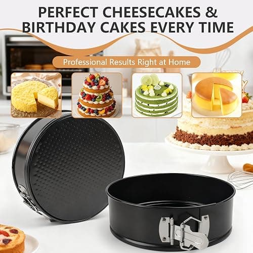 OAMCEG Backformen Springform Set 3 Stück – 10cm/18cm/22cm Runde Kuchenform aus Kohlenstoffstahl, Antihaftbeschichte & Auslaufsicher – Käsekuchenform mit 50 Pergament Backpapier & 1 Silikonspatel thumbnail 7