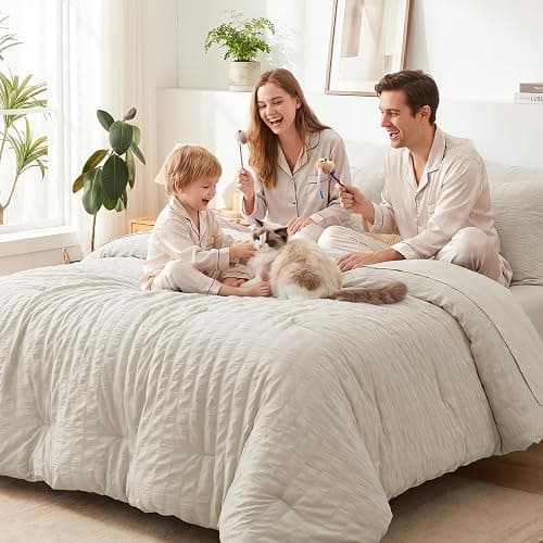 CozyLux King Size Comforter Set, 7 Pieces Oatmeal Seersucker Bed in a Bag | OEKO-TEX Certified, All Season Bedding Set with 240 GSM Down Alternative Comforter, Flat & Fitted Sheets, Pillowcases & Shams thumbnail 7