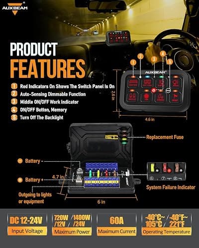 Auxbeam 8 Gang Switch Panel RB80 Toggle Momentary Pulsed RGB Dimmable Switch Panel Multifunction Panel Two Sided Output Marine Switch Panel IP65 Waterproof for Car Boat RV, 2 Years Warranty thumbnail 2