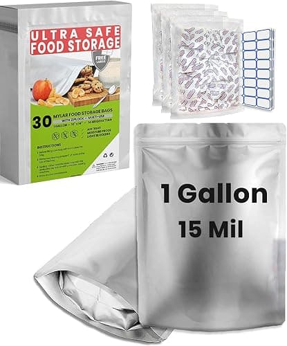 30 Mylar Bags for Food Storage 1 Gallon - Extra Thick 15 Mil - Long Term & Food Grade - Mylar Bags with Oxygen Absorbers 400cc- Zipper, Resealable, Stand-up Gousset - Bolsas Mylar con Abosrbentes - Image 1