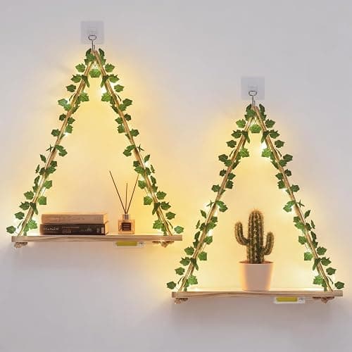 RICHER HOUSE Hanging Floating Shelves No Drill, Macrame Plant Wall Shelf | 2 Set Boho Trinket Shelf with Artificial Ivy and LED Lights, Wall Art Aesthetic Decor, for Bedroom, Dorm, Two-Way Install - Image 1
