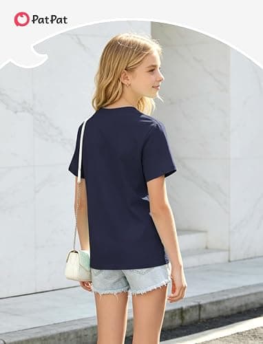PATPAT Girls Cotton T Shirt, Crewneck Short Sleeve Tops Tees, 5-16 Years | Summer Casual Clothes, Basic Layering, Solid, Regular Fit, Soft & Versatile, Stretchy and Durable, Breathable, No Pilling thumbnail 3