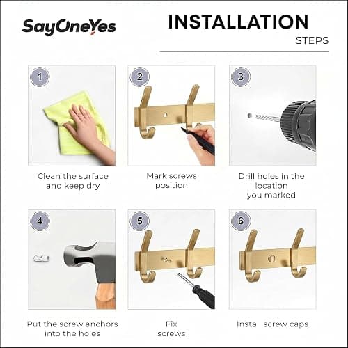 SAYONEYES Brushed Gold Wall Mounted Coat Rack – 12 Inch Stainless Steel Rail with 4 Double Coat Hooks for Entryway, Bathroom, Bedroom, Kitchen – Modern Gold Hook Rack for Coats, Hats, Towels thumbnail 7