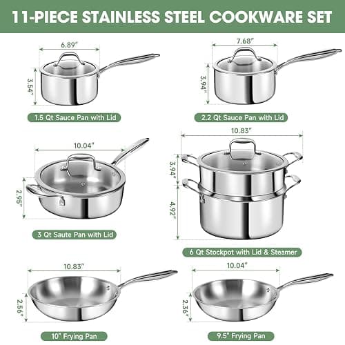 3 Ply Stainless Steel 11-Piece Cookware Set with Lids, Pots and Pans Kitchen Set, Non-Toxic, Induction, Oven, Dishwasher Safe, Professional Chef Quality thumbnail 3
