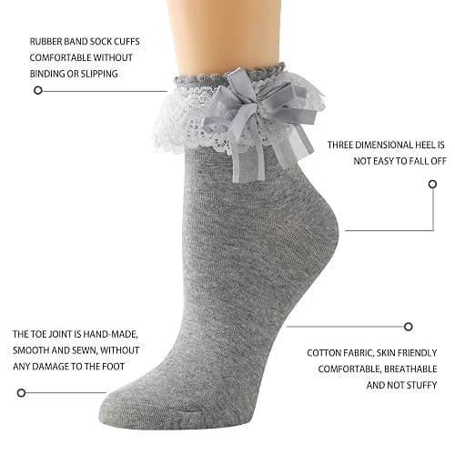 AMHRLINGTO Lace Ruffle Frilly Socks for Women - Lace Ankle Socks with Bow thumbnail 6
