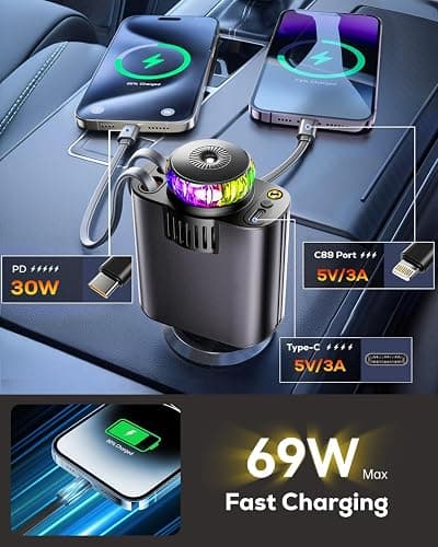 Retractable Car Charger with Air Freshener Diffuser & Star Lights,Multi Port Cigarette Lighter Adapter for iPhone Car Phone Charger USB-C/Type-C Fast Charging with 2 Retractable Cable,Car aromatherapy thumbnail 6