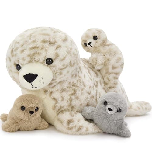 BENINY 4 Pcs Seal Stuffed Animal Set, 20" Mother Plush Toy with 3 Babies in Mom's Belly, Cute Leopard Stuffed Seal Plushie for Girls Boys Kids, Kawaii Chirstmas Bithday - Image 1