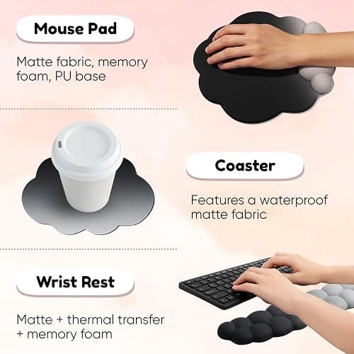 THONIV - Cloud Wrist Rest for Keyboard and Mouse, Soft Memory Foam Support with Non-Slip Base, Cute Cloud Design for Typing, Gaming, Office, Bonus Coaster Included for Desk Aesthetic (Black Gradient) thumbnail 3