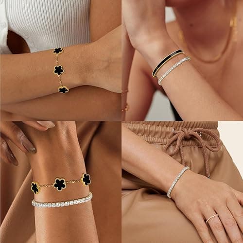 MOINSPIRE Gold Bracelets for Women, 18K Gold Plated Tennis Nail Clover love Bangle Bracelets Set Non Tarnish, Stainless Steel Trendy Stackable Bracelet Fashion Jewelry Accessories Gifts for Women thumbnail 3