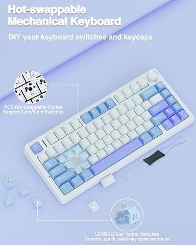 AULA F75 75% Wireless Mechanical Keyboard, Hot Swappable Creamy Keyboard, Pre-lubed Star Vector Switches RGB Backlit Gaming Keyboards, 2.4GHz/Type-C/BT5.0(White&Blue&Purple) thumbnail 5