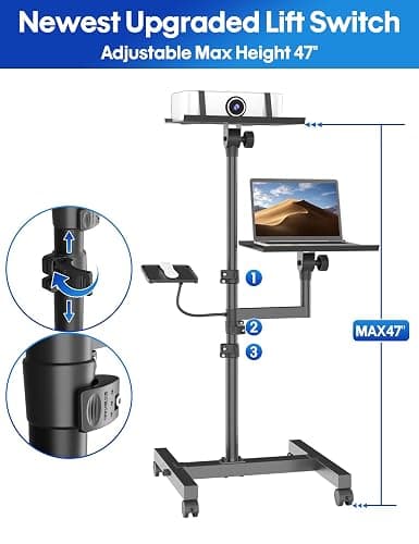 ORWOD Projector and Laptop Stand Tripod, 2 Shelves Mobile Laptop Tripod Stand, Max 47" Height Adjustable Laptop Cart on Wheels, Projector Floor Stand with Ventilated Tray for Podium, Meeting, Couch thumbnail 3