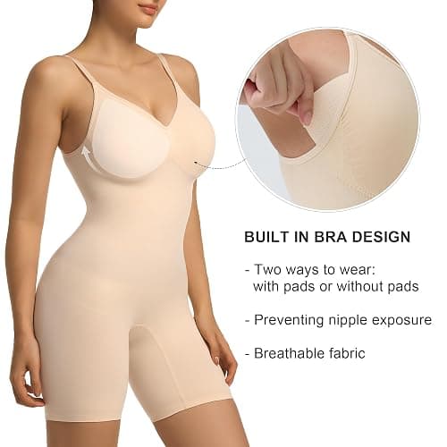 SHAPERX Women's Seamless Shapewear Tummy Control Bodysuit with Removable Pads Mid Thigh Body Shaper thumbnail 2