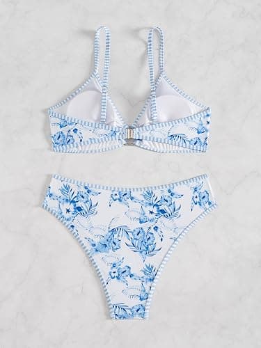 Fanuerg Women's Triangle Bikini Sets O Ring Linked Two Piece Swimsuits Floral Printed Cheeky Bathing Suit thumbnail 5