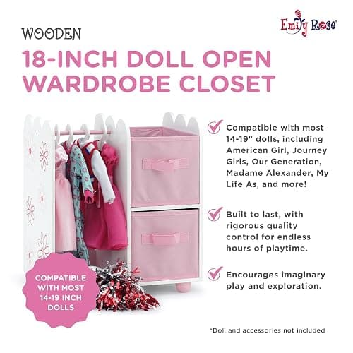 Emily Rose 18 Inch Doll Wardrobe Closet Organizer - Open Storage Armoire with Hangers & Bins - Wooden Furniture for American Girl Dolls - Floral Design thumbnail 4