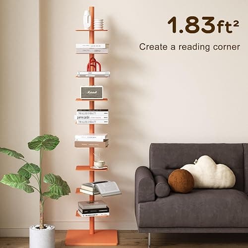 HYHTMER 9-Tier Metal Spine Bookshelf - Vertical Tower for Booksfor Small Spaces, Multipurpose Corner Bookshelf, Tall & Narrow Ladder Bookcase, Ideal Book Display for Home or Office (Orange Color) thumbnail 6