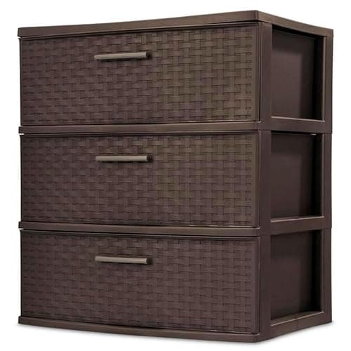 Sterilite 3 Drawer Wide Weave Storage Tower, Plastic Decorative Drawers to Organize Clothes in Bedroom, Closet, Brown with Brown Drawers, 1-Pack - Image 1