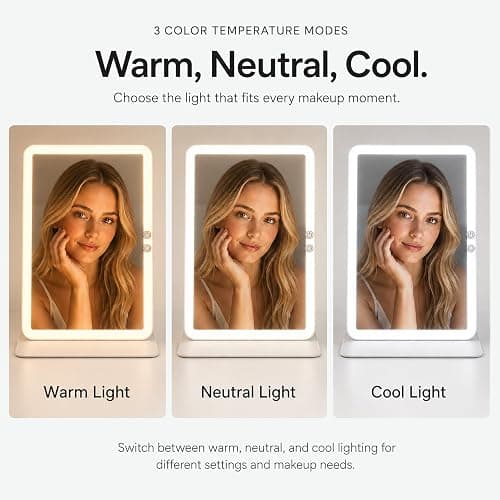 HUGOAI Travel Makeup Mirror with Lights, Soft-Grain White, 11.9" | CRI 97+ natural sunlight-like lighting, 100 LEDs, 2000mAh battery, 3 color temperatures, Stepless dimming, Auto on/off cover thumbnail 5
