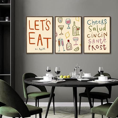 3 Pcs Retro Colorful Drinks Alcohol Bottles Cheers Wall Art Let's Eat Paintings Prints Posters Cincin Cocktail Letter Canvas Wall Decor for Kitchen Dinner Table Bar Cart Living Room 16x24in Unframed thumbnail 2