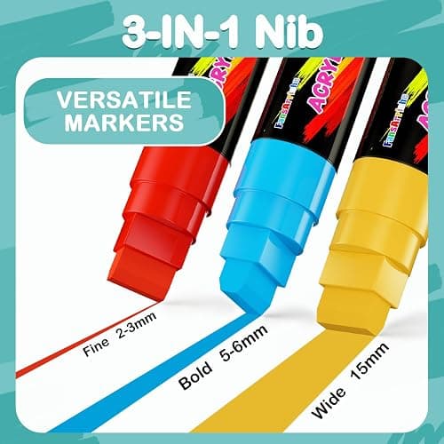 FansArriche Acrylic Paint Markers, 15mm Jumbo Felt Tip, 18 Colored Waterproof and Permanent Paint Pens for Tagging, Signs, Calligraphy, and Outdoor Paintings thumbnail 3
