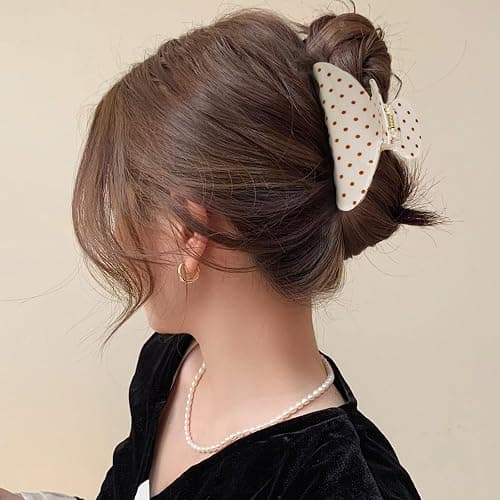 Polka Dot Hair Claw Clip for Women, Lightweight Acrylic Non-Slip Jaw Clip, Small Medium Strong Hold for Thin Hair, Elegant French Style Hair Accessories for Updo Bun Half Up Styles - Beige thumbnail 6
