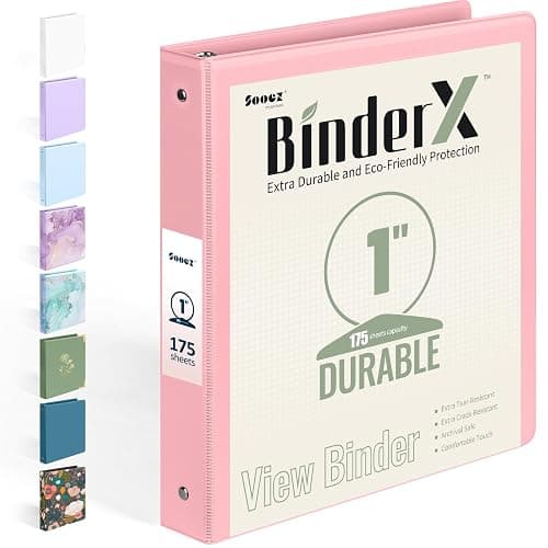 BinderX Extra Durable 3 Ring Binder, Round Rings 1 Inch Binder, Fits 175 Sheets of 8.5x11 Paper, Customizable View Cover with Inside Pockets, Cute 1" Binders, 1 Inch Binders 3 Ring, Pink - 1 inch - 1 Pack - Pink - Image 1
