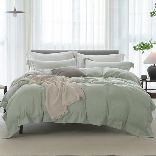 ELIMMO Cooling Twin Duvet Cover Set-100% Washed Cotton with Chic Wide Trim Design Linen Like Textured Ultra Soft Cozy Bedding with Zipper Closure(Hemmed Sage Green,Twin/Twin XL 68"x90") - Image 1