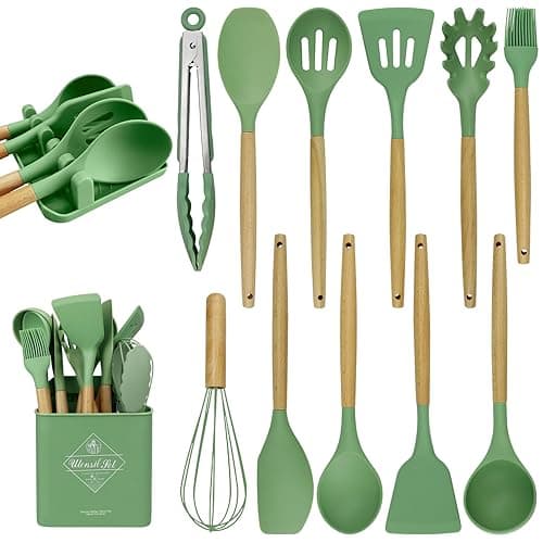 MYKUJA Silicone Cooking Utensils Set, Heat Resistant Kitchen Utensils Set, Spatula,Turner Tongs,Spoon,Brush,Whisk, Cooking Kitchen Utensils Spatula Set, Nonstick Cookware（sage green） - Sage Green