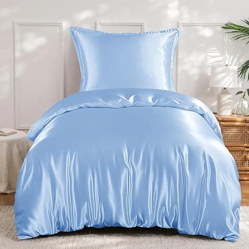 RUIKASI Satin Bettwäsche 135x200 Blau - Seidig Bettbezug mit Glanz wie Seiden Bettwäsche Set Hellblau für Haar und Haut, Glänzend Bettwäsche 135x200cm mit Reißverschluss und Kissenbezug 80x80cm - Image 1